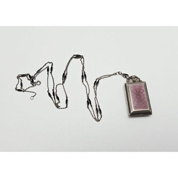 Vintage Art Deco Sterling Silver Black & Purple Enamel Pendant Watch Necklace - Picture 2 of 16